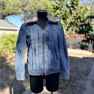 90s 2000s Dana Buchman Denim Jean Jacket Real Rabbit Fur Detachable Collar